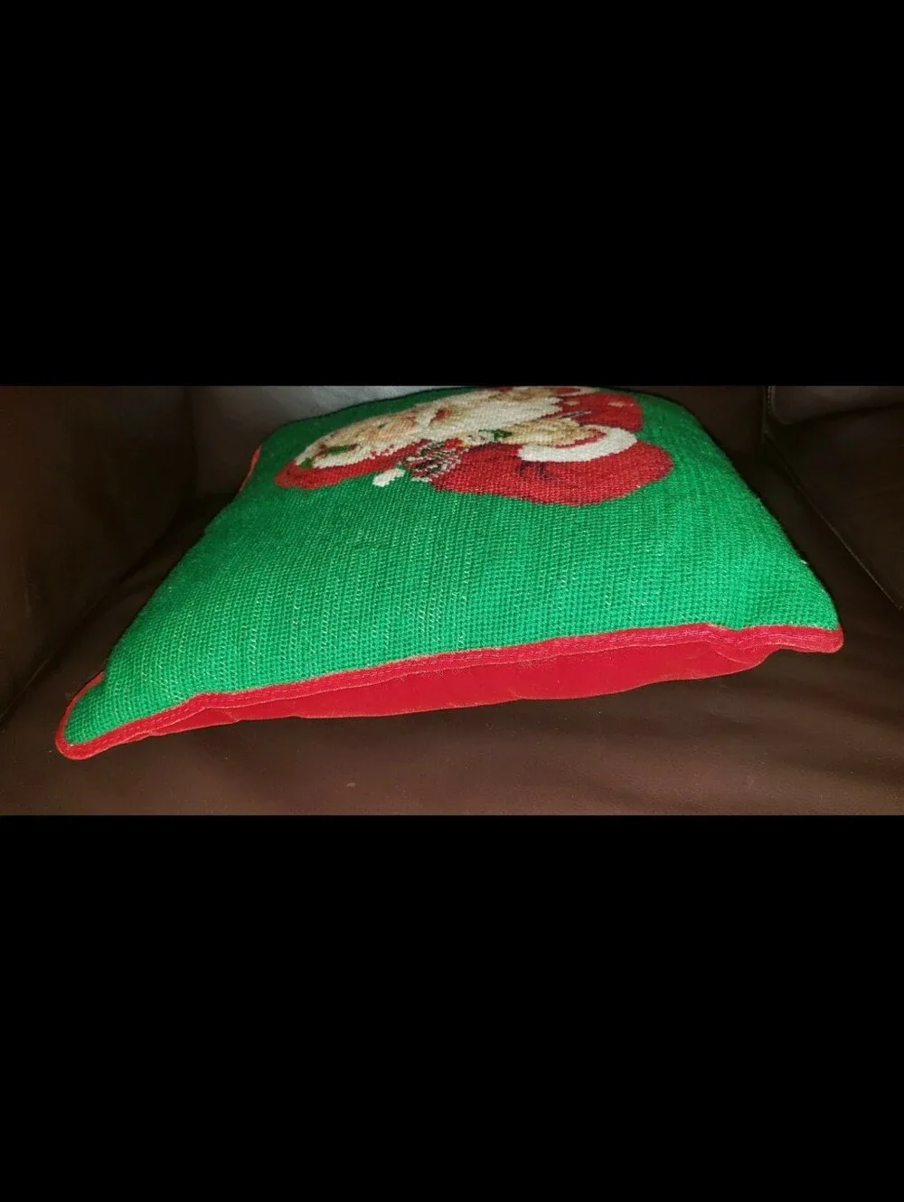 Vintage Mischievous Looking Santa With Jester/Clown Toy Needlepoint Pillow